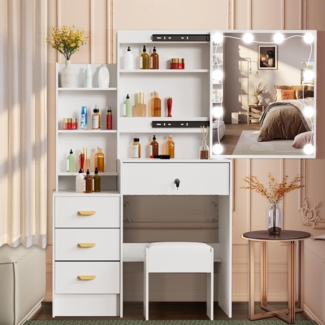 Schminktisch mit Beleuchtung und Spiegel, Frisiertisch Weiß 83x36x140cm