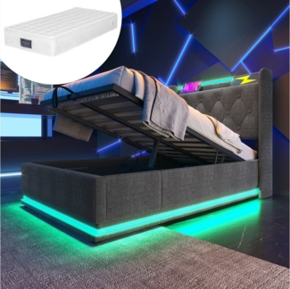 STILVORA Polsterbett Hydraulisches Funktionsbett 90×200 Bettgestell mit LED&USB Typ-C (Hydraulisches Bett, Stauraumbett, Funktionsbett, 2-tlg, mit USB Typ-C Ladefunktion, 90*200cm, mit Matratze), aus Eisen