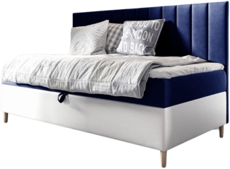 MEBLINI Kinderbett mit Bettkasten MAYA 2 80x200 – H3/Blau Samt Gepolstert Einzelbett mit Matratze - Polsterbett mit Stauraum - Bett mit Kopfteil – Stauraumbett