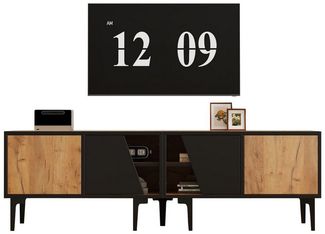 KLAM HOME Lowboard Lowboard TV Unterschrank 160cm Mit 4 Schrankfächern (Für Fernseher Bis 65 Zoll In Naturholz Und Schwarz), Modernes Wohnzimmermöbel Mit 7 Beinen Und 45kg Tragkraft