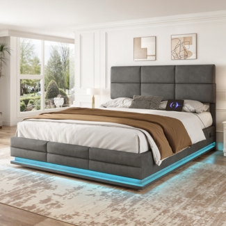 LVHOM Boxbett 140x200cm Bettgestell, Polsterbett/Doppelbett/Stauraumbett, Samtstoff, Integriertes Hydrauliksystem, LED-Leuchten in 16 Farben, Seitlicher USB-Ladeanschluss