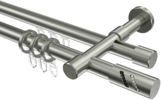 Rundrohr-Innenlauf-Gardinenstangen-Set Prestige Zoena 420 cm (geteilt in 3 x 140 cm), 2-läufig, 20 mm Ø Edelstahl-Optik