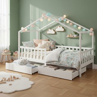 Bellabino 'Bia' Hausbett 80x160 cm mit 2 Schubladen, weiß, Kiefer Massivholz, Montessori Kinderbett mit Stauraum, inkl. Rausfallschutz und Lattenrost