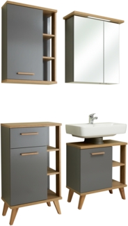Pelipal Badmöbel-Set, Quickset 924, Quarzgrau Glanz/Riviera Eiche - Waschbeckenunterschrank, Spiegelschrank, Unterschrank mit Regal, Hängeschrank mit Regal