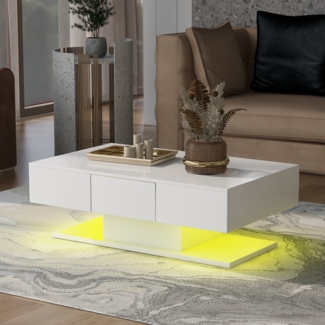 Merax Weißer LED-Couchtisch mit Aufbewahrungsfunktion, mit 2 Schubladen, Schubladen Schubladen große Teetisch hochglanzige Sofa Tisch