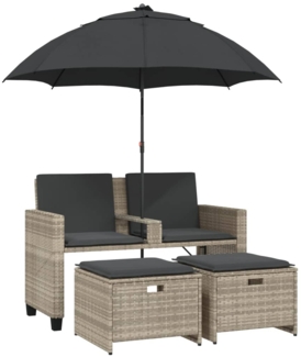 vidaXL Gartensofa 2-Sitzer Sonnenschirm und Hocker Hellgrau Polyrattan 365888