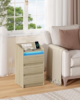 Nachttisch mit 3 Schubladen, Beistelltisch mit Ladestation und LED, 2 AC-Steckdosenund 2 USB-Anschlüsse für Schlafzimmer, Wohnzimmer, Eiche