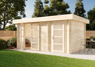 Alpholz Gartenhaus Modern-E Gartenhaus aus Holz in Pinie Holzhaus mit 44 mm Wandstärke Blockbohlenhaus mit Montagematerial