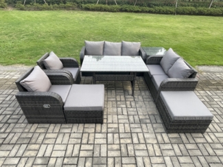 Fimous 9 Sitzer Garten Rattanmöbel Esstisch Sofa Set mit 2 Liegestuhln Beistelltischen 2 Großer Hockern Dunkelgrau gemischt