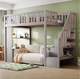 Merax Hochbett 90x200cm mit Stauraumtreppe und Sicherheitsgeländer (1-St) Kieferholz Jugendbett Kinderbett mit 3 großen Staufächern