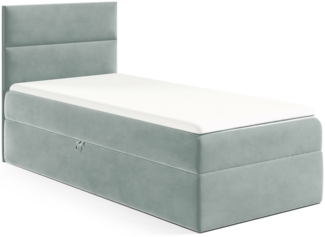 MEBLINI Kinderbett mit Bettkasten MINO 1 90x200 Links – H3/Blaugrau Samt Gepolstert Einzelbett mit Matratze - Polsterbett mit Stauraum - Bett mit Kopfteil – Stauraumbett