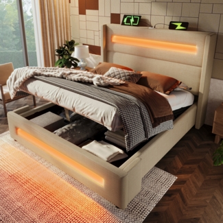 Merax Polsterbett, Doppelbett 160x200 cm, mit LED, Stauraumbett mit hydraulischem Stauraum und USB Type-C Aufladen, Leinen, Beige