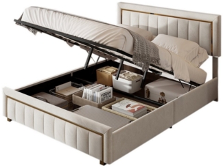 FUROKOY Stauraumbett Polsterbett mit Gepolstertes Kopfteil (Doppelbett mit Vertikal Gemasertem Goldbesatz), Hydraulikbett Jugendbett mit Lattenrost, Samt, Beige, 160x200 cm