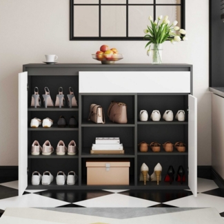 BlingBin Schuhschrank Schuhkipper Schuhkommode Schuhregal (für Flur,Diele,Bietet Platz für 12–17 Paar Schuhe, 1-St, mit zwei Türen und einer Schublade mit verstellbarem Schuhregal) LED,105 x 39,5 x 86 cm,schwarz-weiß modern