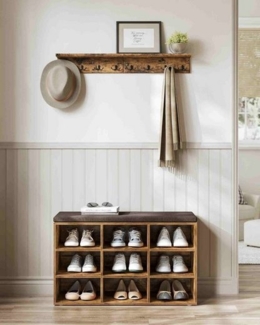 VASAGLE Schuhregal mit Sitzfläche und mit Kissen, Holzspanplatte / Schaumstoff braun, 78 x 30,3 x 48 cm