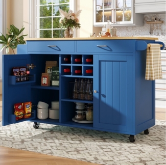 HAUSS SPOLE Kücheninsel Küchenschrank, buffetschrank, Speisewagen mit Speicherraum, Blau, (Moderne Kücheninsel mit Holzmaserung – Multifunktionaler Speisewagen, flexibler Stauraum, verstellbares Weinregal & 360° Lenkrollen – Perfekt für Küche, Esszimme...