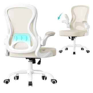 SONGMICS Bürostuhl ergonomisch, Drehstuhl mit Netzgewebe, Schreibtischstuhl mit Lendenstütze, Wippfunktion, klappbare Armlehnen, für Arbeitszimmer, Schlafzimmer, cappuccinobeige-wolkenweiß