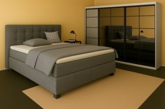 Boxspringbett TOM 200x200 cm mit Matratze und gepolstertem Kopfteil. Farbe Dunkelgrau