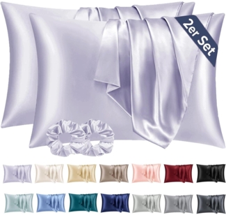 Satin Kissenbezug 40x60 Lila 2er Set Haargummis inkl, Seidenkissenbezug