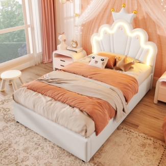Polsterbett 90x200 cm mit LED-Beleuchtung, hydraulischem Bettkasten, verstellbarem Kopfteil, elegantes Kronendesign,Weiß,inklusive Taschenfederkern