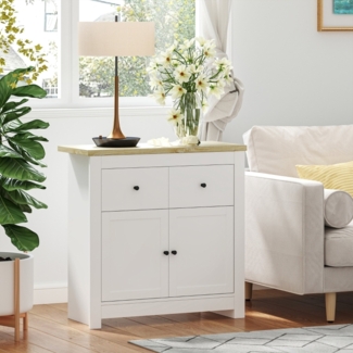 Kommode Sideboard mit 2 Schubladen und Doppeltür, Soft-Close Türen, Aufbewahrungsschrank in Weiß für Wohnzimmer & Flur