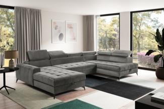 AX LIVING Grau Eckcouch mit Schlaffunktion Arkucio U 345cm modernes L
