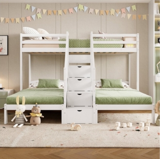TavilaEcon Etagenbett Dreibett aus Kiefer & MDF mit Sicherheitsgeländer & Stauraum-Leiter, 100kg Tragkraft pro Ebene, Platzsparend für 3 Kinder