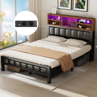 oyajia Polsterbett Doppelbett mit LED Licht 140x200cm,Stauraumkopfteil (Mit Lattenrost und Ladefunktion,PU-Leder material Polsterbett), Modernes Jugendbett, Leises Design Bett, Max. Belastbarkeit 200/272 kg