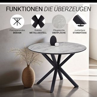 Homestyle4u Essgruppe 5tlg / 3tlg. rund Ø110 2/4 Polsterstühle grau Metallgestell Steinoptik, (3-tlg), 3-teilig, kratzfest, mspritzwasserfest, Tisch mit Essstuhl