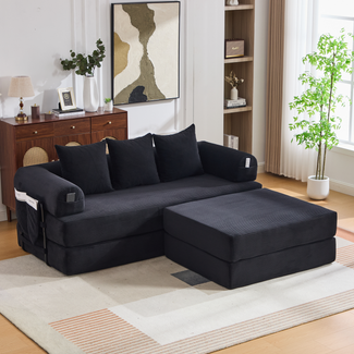 Flieks Modulares Cord Sofa mit Hocker, 3-Sitzer Couch mit extra dick gepolstert, inkl. 3 Kissen & Seitentasche, Schwarz