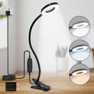 LQWELL LED Klemmleuchte Ringlicht, Clip-On, 3 Farben, dimmbar, emmleuchten Leselampe Buch, LED fest integriert, 3000K Warmweiß, 4500K Naturweiß, 6500K Kaltweiß, flexibler Schwanenhals, USB, Schlafzimmer Deko