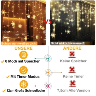 Rosnek LED-Lichterkette LED Lichtervorhang,Schneeflocke Märchen String Vorhang Lichter, 94-flammig, 8 Modi, Speicherfunktionen, Weihnachtsdeko