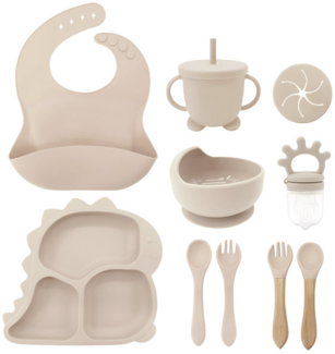 Kindergeschirr-Set mit Dinosaurier-Motiv, Schüssel aus lebensmittelechtem Silikon, Babygeschirr für die Beikostvorbereitung, mit Fächern - dunkelrosa.