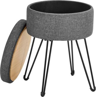 Sitzhocker, runder Hocker mit Stauraum, Aufbewahrungsbox mit Deckel, Fußablage, Schminkhocker, 9,4 Liter, Metallbeine, gepolsterter Sitz, Wohnzimmer, Schlafzimmer, dunkelgrau LOM002G01