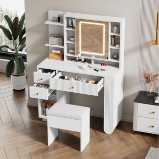 STILVORA Schminktisch mit spiegel,Frisiertisch weiß mit Hocker und Einstellbares LED (Beleuchteter Schminktisch mit Spiegel & Hocker – Frisiertisch mit Einstellbarer Helligkeit, Schubladen & Offener Ablage für Schlafzimmer & Ankleidezimmer – Weiß, 100×...