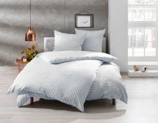 Bettwaesche-mit-Stil Mako Satin Streifen Kopfkissen „Den Haag“ blau weiß gestreift Kissen 40x80