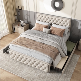 HAUSS SPOLE Polsterbett 140x200 cm mit 4 Schubladen,höhenverstellbares Kopfteil, Leinen,Beige, Zuglaschen und Nieten an Kopf- und Fußende