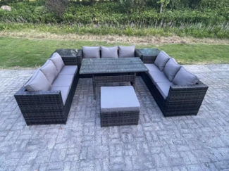 Fimous Outdoor Polyrattan Gartenmöbel Sofa Set Terrassen Rechteckiger Esstisch mit Großer Fußhocker 2 Beistelltisch 10 Sitzer Dunkelgrau gemischt