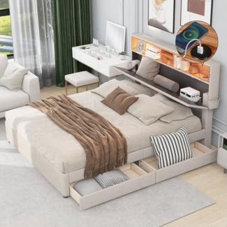 TavilaEcon Polsterbett Jugendbett Doppelbett mit aufladen USB und LED-Beleuchtung, Stauraum-Kopfteil Bett,mit zwei Schubladen,140x200cm