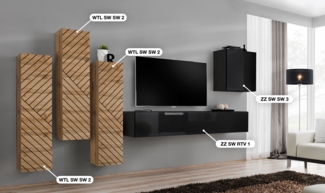 Wohnwand Switch Lamel III mit geriffelte Wotan Fronten und Schwarzen Hochglanz Fronten 330 x 160 cm 5-teilig