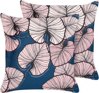 Kissen 2er Set CHRYSANTHEMUM Samtstoff 45 x 45 cm Pflanzenmuster Dunkelblau