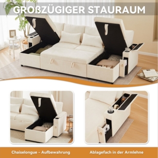 i@home Ecksofa Umwandelbares U Form Schlafsofa mit Schlaffunktion, mit Armlehnen Stauraum und Getränkehalter,Beige/Grau, 272*131*84cm
