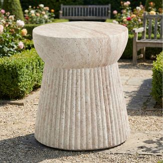 Flieks Gartentisch runder Beistelltisch Outdoor aus MgO, Travertinoptik (B38/H43 cm, 1-St, 1 Tisch), Balkontisch Couchtisch Esstisch für den Innen- und Außenbereich