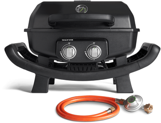 BURNHARD® 2-Brenner Gasgrill WAYNE 4,4 kW – Tragbarer Balkongrill - Tischgasgrill klein mit Aludruckguss Brennkammer inkl. Abdeckhaube - Gusseisen Grillrost - Schwarz - #944219