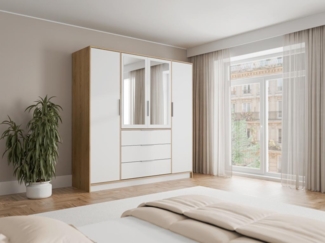 Vente-unique - Kleiderschrank mit 4 Türen & 3 Schubladen - Mit Spiegel - 196 cm - Holzfarben & Weiß - LAMIKI