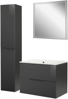 Fackelmann LUNA Badmöbel Set 4-teilig, 80 cm breit, Anthrazit, Gussmarmor, Spiegel + Hochschrank