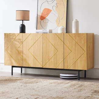 Sideboard Naturfarben, Wohnzimmer Kommode mit 4 Türen, verstellbare Regale, griffloses Design, Aufbewahrungsmöbel