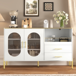 Merax Sideboard-Schrank mit 2 Schubladen & 2 Glastüren – Moderne Kommode in Weiß mit Goldakzenten – Viel Stauraum, Weiß