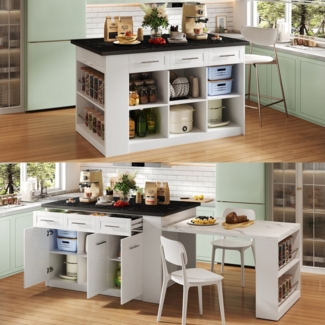 Flieks Kücheninsel mit ausziehbarer Esstisch und großer Stauraum, (Schrankmaße: B150/T90/H90 cm, Tischmaße: B96/T80/H75 cm), Küchenschrank mit Arbeitsplatte Marmoroptik Buffetschrank Inselküche