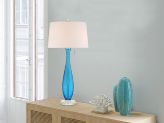 Große LED Tischleuchte mit blauem Glasfuß und Stoffschirm in Weiß, Höhe 85cm